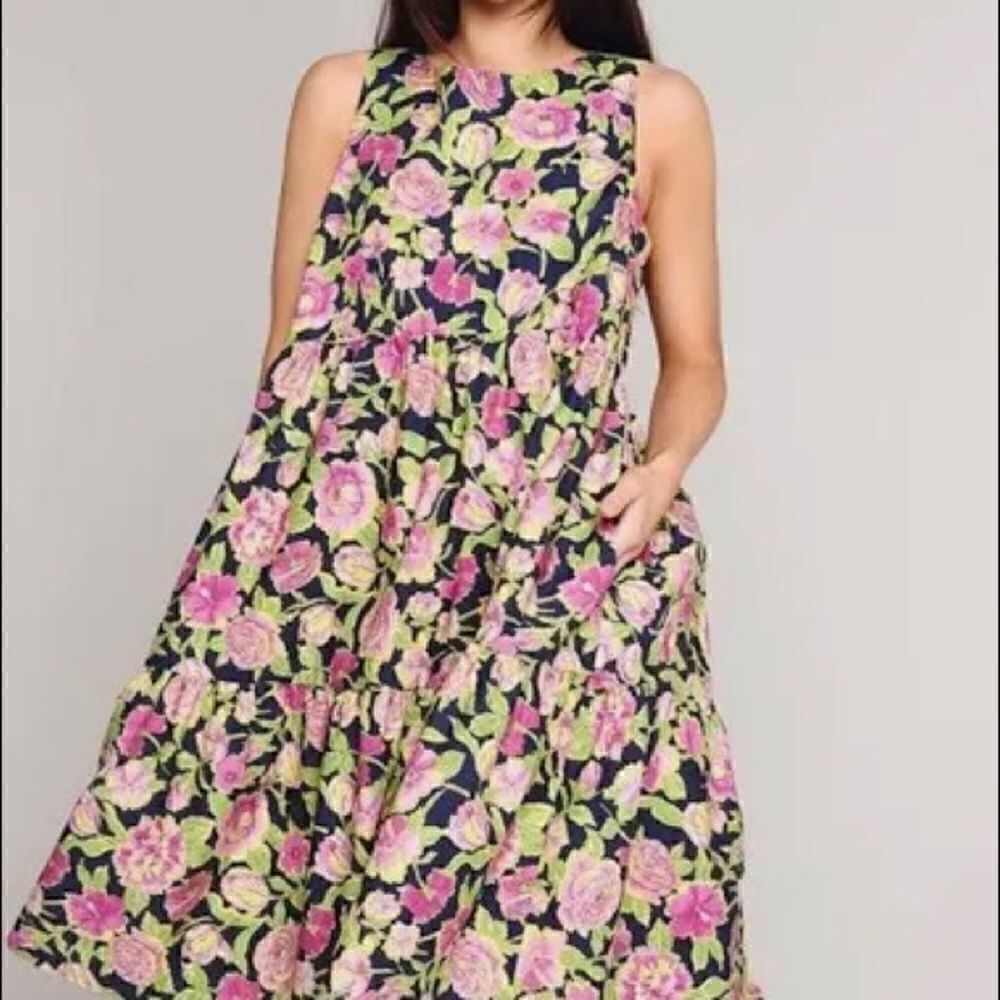 Women's MDS Stripes Casual Tiered Peasant Dress Scoop Neck Sleeveless